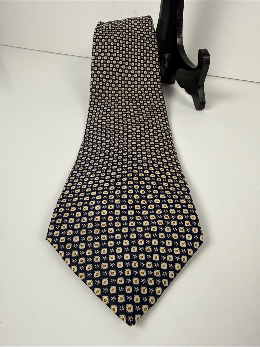 Giorgio Armani Navy Silk Tie with Cream Geometric Medallions